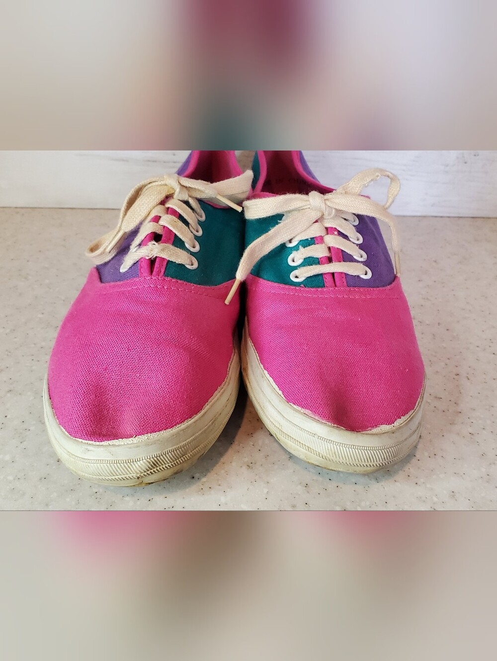 Vintage 90s Womens Size 8 Colorblock Canvas Sneakers Pink Purple Teal Lace Up - Picture 6 of 6